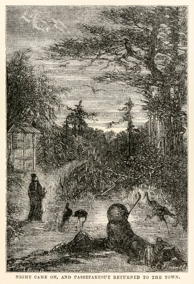 Cayó la noche, y Passepartout regresó a la ciudad, de La vuelta al mundo en ochenta días de Julio Verne (1828-1905), grabado por Louis Prevost, 1873 de Hippolyte Leon after Benett