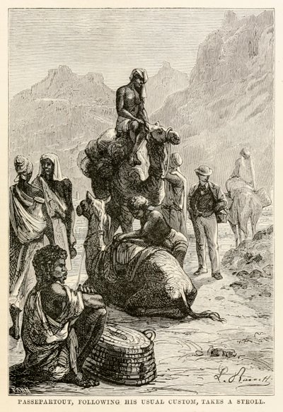 Passepartout, siguiendo su costumbre habitual, da un paseo, de La vuelta al mundo en ochenta días de Julio Verne de Hippolyte Leon after Benett