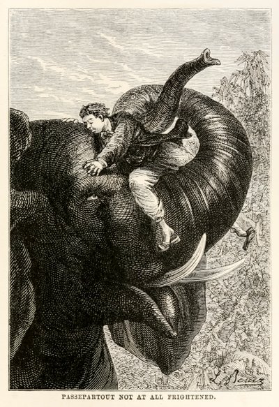 Passepartout no estaba en absoluto asustado, de La vuelta al mundo en ochenta días de Julio Verne (1828-1905), 1873 de Hippolyte Leon after Benett