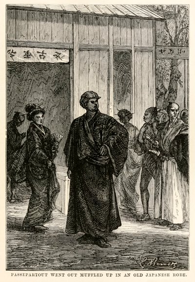 Passepartout salió envuelto en una vieja bata japonesa, de La vuelta al mundo en ochenta días de Julio Verne (1828-1905), grabado por Louis Prevost, 1873 de Hippolyte Leon after Benett