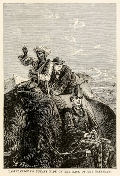 El incómodo viaje de Passepartout en el lomo del elefante, de La vuelta al mundo en ochenta días de Julio Verne de Hippolyte Leon after Benett