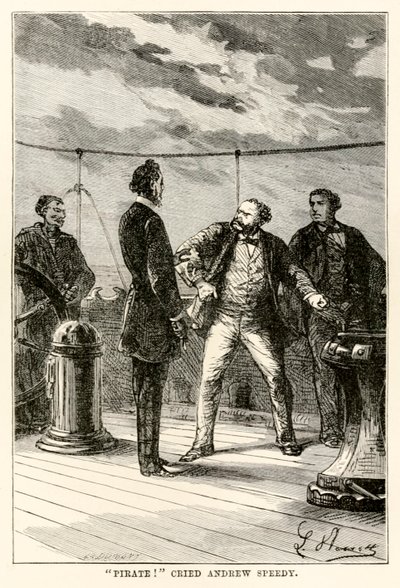 ¡Pirata!, gritó Andrew Speedy., de La vuelta al mundo en ochenta días de Julio Verne (1828-1905) grabado por Louis Dumont (n.1822) 1873 de Hippolyte Leon after Benett