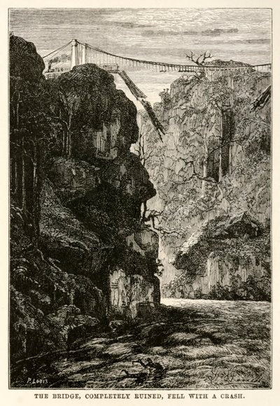 El puente, completamente arruinado, cayó con un estruendo, de La vuelta al mundo en ochenta días de Julio Verne (1828-1905) grabado por Louis, 1873 de Hippolyte Leon after Benett
