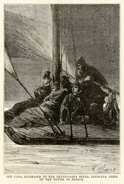 El frío, aumentado por la tremenda velocidad, les privó del poder del habla, de La vuelta al mundo en ochenta días de Julio Verne (1828-1905) grabado por Adolphe François Pannemaker (1822-1900) de Hippolyte Leon after Benett