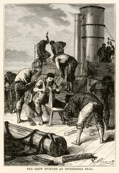 La tripulación mostró un celo increíble, de La vuelta al mundo en ochenta días de Julio Verne (1828-1905) grabado por Louis Dumont (n.1822), 1873 de Hippolyte Leon after Benett