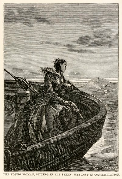 La joven, sentada en la popa, estaba perdida en la contemplación, de La vuelta al mundo en ochenta días de Julio Verne (1828-1905), grabado por Jean Louis Prevost, (1790-1850), 1873 de Hippolyte Leon after Benett