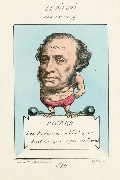 Las finanzas no le hicieron perder peso a este pobre Ernesto, Le Pilori, número 28, circa 1870 (litografía) de Hippolyte Mailly
