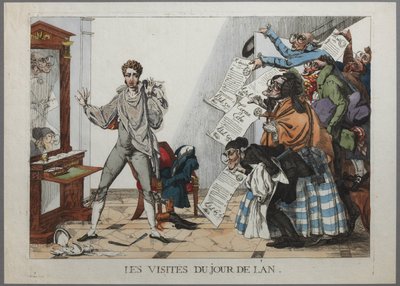 Los visitantes en el día de Año Nuevo - (una multitud de acreedores pasan por la puerta del piso de un joven blandiendo facturas por las extravagancias del año anterior. Diciembre de 1814 Grabado coloreado a mano) - Los visitantes en el día de Año Nuevo pa de Hippolyte Pochon