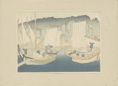Barcos en el puerto de Shiogama Shiogama (título sobre objeto) Tercera parte, área de Tôhoku (título de la serie) Dai sanshû, Tôhoku no bu (título de la serie sobre el objeto) Impresiones de paisajes japoneses (título de la serie) Nihon fûkei hanga (título de Hirafuku Hyakusui