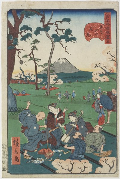 No.5, Vista de los cerezos en flor en la colina de Asuka de Hirokage Utagawa