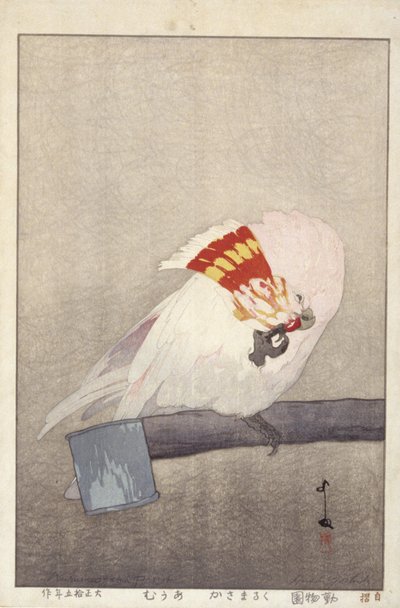 Cacatúa en el comedero (xilografía en color) de Hiroshi Yoshida