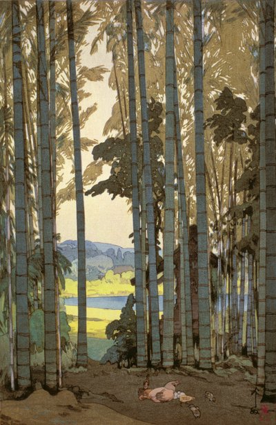 Gallinas en el bosque de bambú (grabado en color) de Hiroshi Yoshida