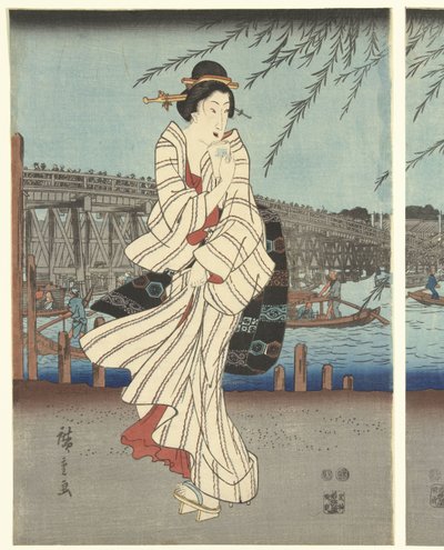 Lugares famosos en la capital del este: disfrutando de la brisa nocturna en el puente Ryogoku de Hiroshige (I) , Utagawa