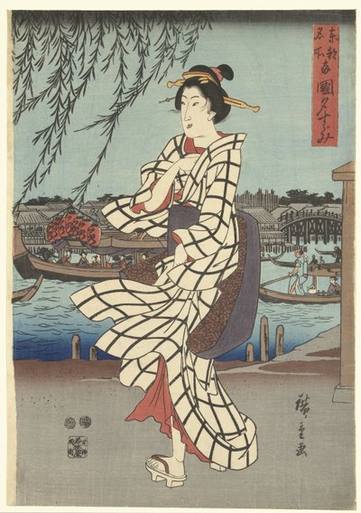 Lugares famosos en la capital del este: disfrutando de la brisa nocturna en el puente Ryogoku Toto meisho Ryogoku no yusuzumi (título sobre objeto) de Hiroshige (I) , Utagawa
