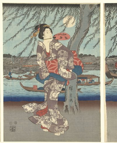Lugares famosos en la capital del este: disfrutando de la brisa nocturna en el puente Ryogoku de Hiroshige (I) , Utagawa