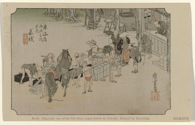 fujieda No. 23. Fujiyeda: uno de los cincuenta y tres lugares señalados en Tokaido, pintado por Hiroshige (título sobre el objeto) De Tôkaidô van Hiroshige (título de la serie) Hiroshige no fude Tôkaidô (título de serie sobre objeto) de Hiroshige (I) , Utagawa