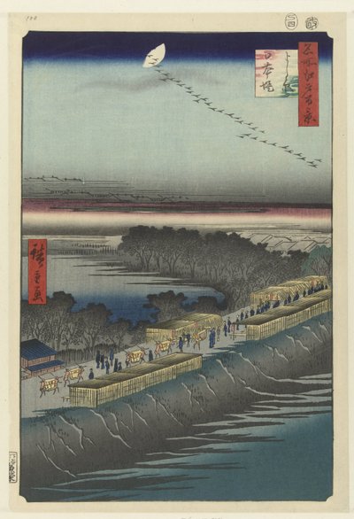 Vista del dique de Nihon cerca del Yoshiwara
Yoshiwara Nihonzutsumi (título en el objeto)
Cien caras famosas de Edo (título de la serie)
Meisho Edo hyakkei (título de la serie en el objeto) de Hiroshige (I) , Utagawa