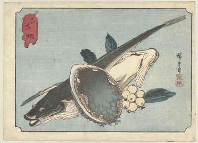 Pescado plano, abulón y bayas Kochi awabi (título sobre objeto) de Hiroshige (I) , Utagawa