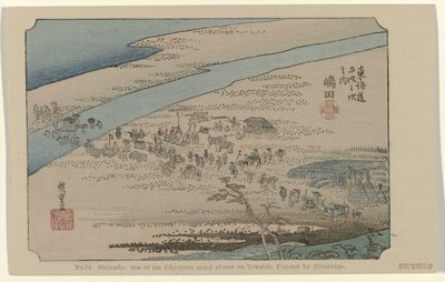 Shimada No. 24. Shimada: uno de los cincuenta y tres lugares señalados en Tokaido, pintado por Hiroshige (título sobre el objeto) De Tôkaidô van Hiroshige (título de la serie) Hiroshige no fude Tôkaidô (título de serie sobre objeto) de Hiroshige (I) , Utagawa