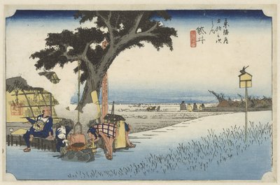 Theehuis in de buitenlucht en Fukuroi Fukuroi, dechaya no zu (título sobre objeto) De 53 estaciones van de Tokaido (título de la serie) Tokaido gojusan tsugi no uchi (título de la serie) de Hiroshige (I) , Utagawa