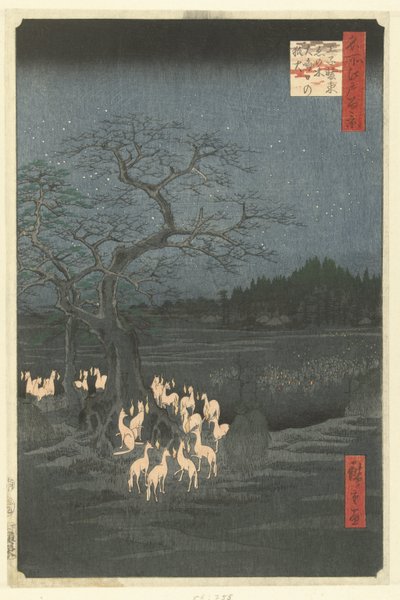Foxfires en la víspera de Año Nuevo en Shozoku Nettle Tree en Oji Oji Shozoku enoki omisoka no kitsunebi (título sobre objeto) Cien rostros famosos en Edo (título de la serie) Meisho Edo hyakkei (título de la serie sobre el objeto) de Hiroshige (I) , Utagawa