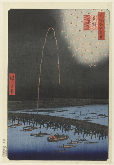 Fuegos artificiales en el puente de Ryogoku
Ryogoku hanabi (título en el objeto)
Cien caras famosas de Edo (título de la serie)
Meisho Edo hyakkei (título de la serie en el objeto) de Hiroshige (I) , Utagawa