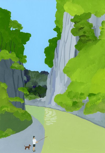 Un hombre pescando en un valle de Hiroyuki Izutsu
