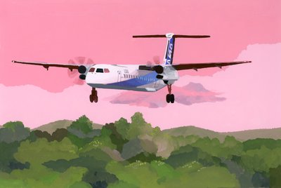 Aterrizaje de un avión en un pequeño aeródromo, 2015 (gouache sobre papel) de Hiroyuki Izutsu