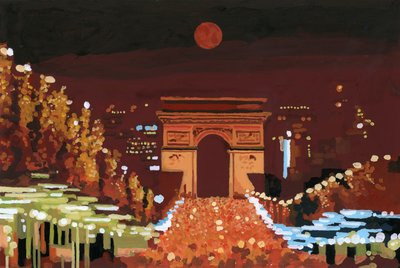Arc de Triomphe y Champs Elysées de noche, 2015 (gouache sobre papel) de Hiroyuki Izutsu