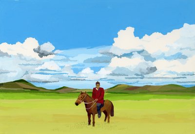 Estepas de Mongolia y gente montando a caballo, 2015 (Gouche sobre papel) de Hiroyuki Izutsu