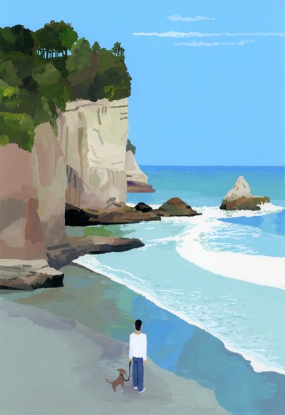 Costa tranquila con olas y acantilados de Hiroyuki Izutsu