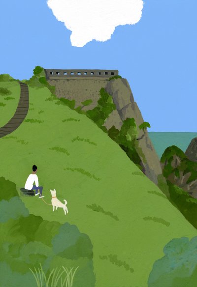Descanso con un perro en una colina de hierba de Hiroyuki Izutsu