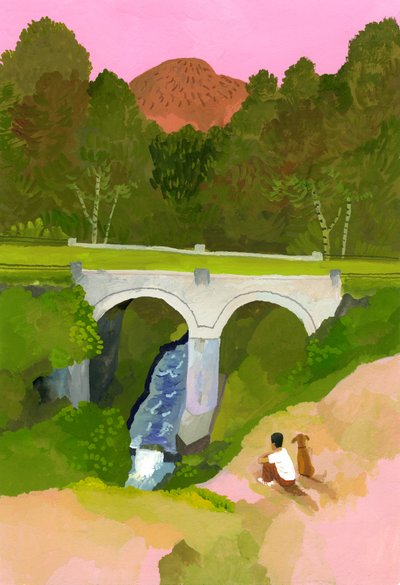 Mirar el puente con su perro al atardecer de Hiroyuki Izutsu