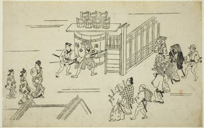 Entrada a Ageyacho, de la serie "La aparición de Yoshiwara (Yoshiwara no tei)", c.1681-84 (xilografía; sumizuri-e, oban) de Hishikawa Moronobu