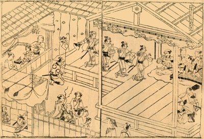 Actuación de Kabuki en el lecho del río Shijo, 1658, 1924 de Hishikawa Moronobu