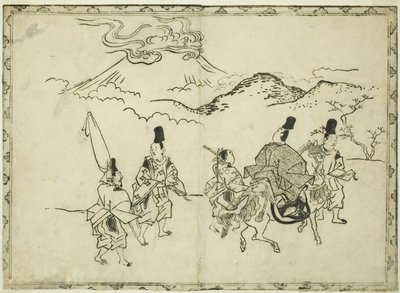 El viaje oriental de Narihira, del libro ilustrado "Panorama de pinturas en biombos y pergaminos colgantes (Byobu kakemono ekagami)" de Hishikawa Moronobu