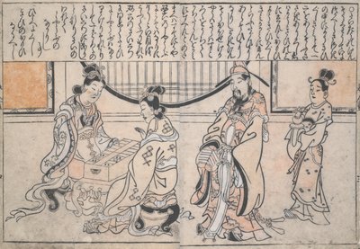 Yang Guifei y otra dama jugando mientras el emperador Xuanzong observa de Hishikawa Moronobu