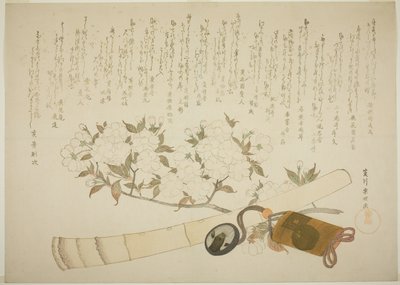 Una rama de flor de melocotón blanco, un estuche Inro y una flauta Hotchiku de Hishikawa Sori III