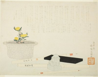 Adonis en maceta con implementos de escritura de Hishikawa Sori III