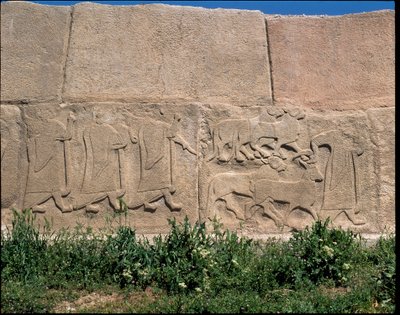 Vista de la base de los relieves de la Puerta de la Esfinge de Hittite Hittite