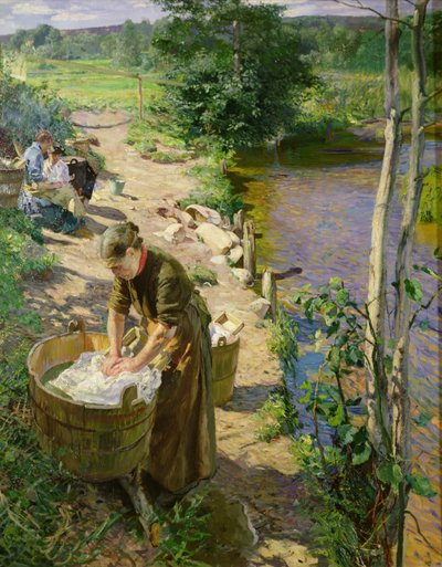 Lavando junto al río, Sandvika (óleo sobre lienzo) de Hjalmer Eilif Emanuel Peterssen