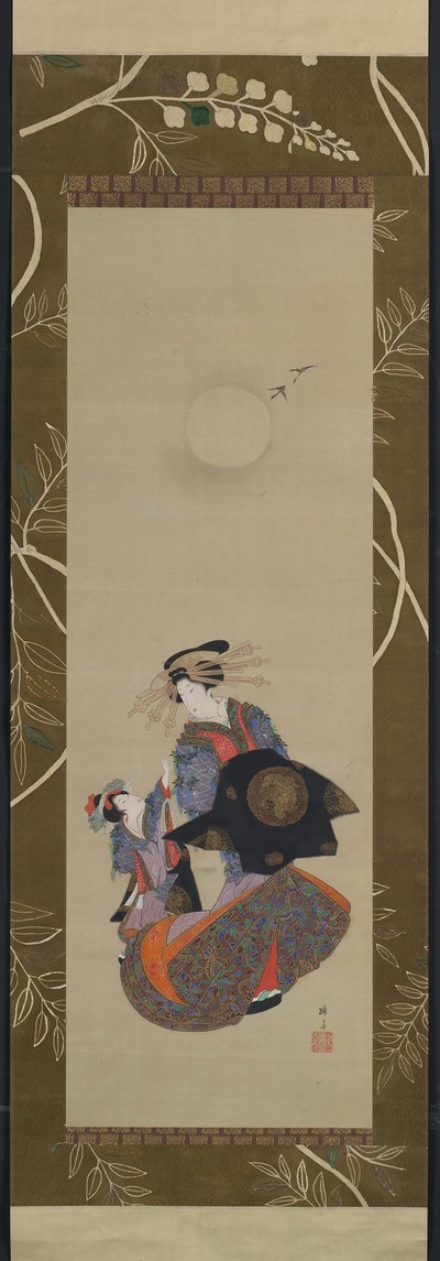 Belleza de Yoshiwara con aprendiz a la luz de la luna, siglo XIX de Hokuba