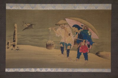 Showman de Monos y Portero en la Nieve, siglo XIX de Hokuga
