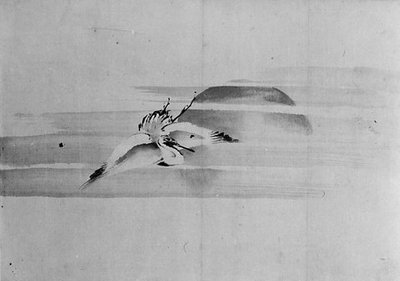 Grulla y sol, siglo XIX de Hokusai School.