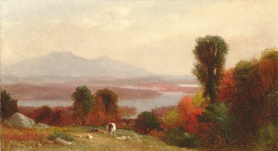 Vacas y ovejas pastando en un paisaje otoñal junto al río de Homer Dodge Martin