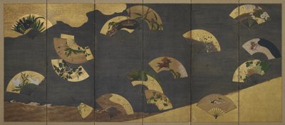 Abanicos y nubes sobre rocas y agua, período Edo de Hon