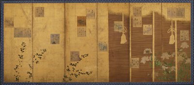 Biombos plegables con poemas de la antología, Shin kokinshu de Hon