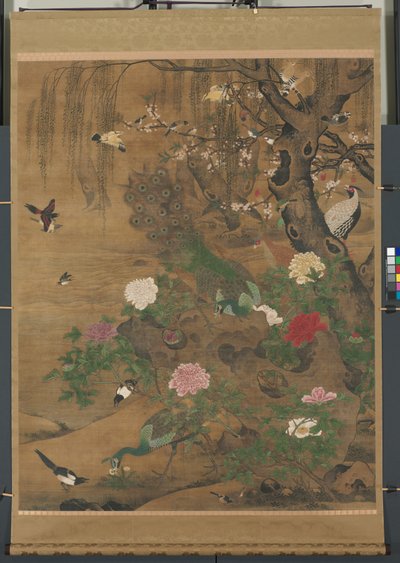 Pergamino colgante, Los pájaros se reúnen bajo el sauce de primavera, finales de 1400-principios de 1500 (tinta y color sobre seda) de Hong Yin