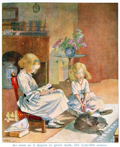 Tan pronto como empieza a oscurecer, de "Ole Luk-Oie" en una edición de "Cuentos de hadas" de Hans Christian Andersen (1805-75) 1920 (acuarela sobre papel) de Honor Charlotte Appleton