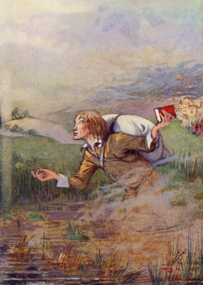 "Cristiano, a causa de la carga que llevaba a la espalda, empezó a hundirse en el fango" (litografía en color) de Honor Charlotte Appleton